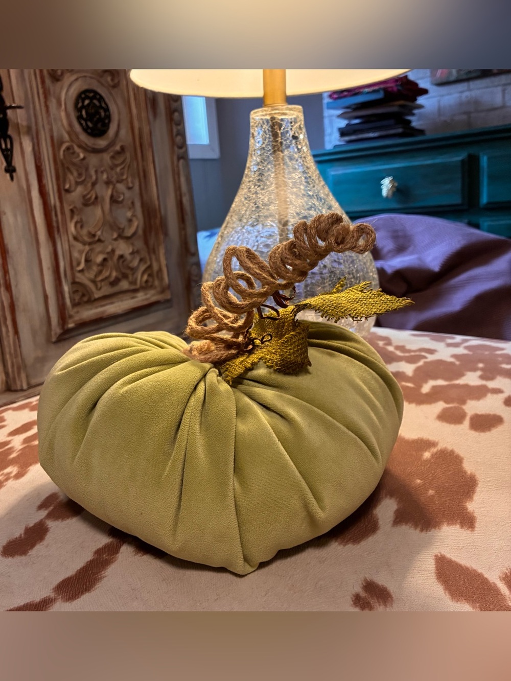 Velvet Pumpkin olive Green Pillow - Handmade